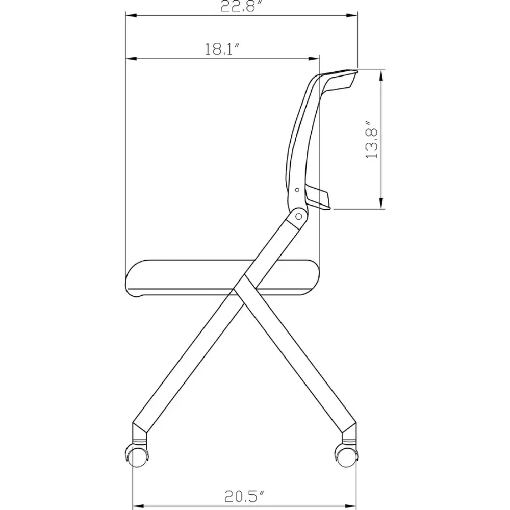 Front view of a stackable or folding chair with backrest and wheels, dimensions show back 20.1", seat 17.7", overall height 35.8"