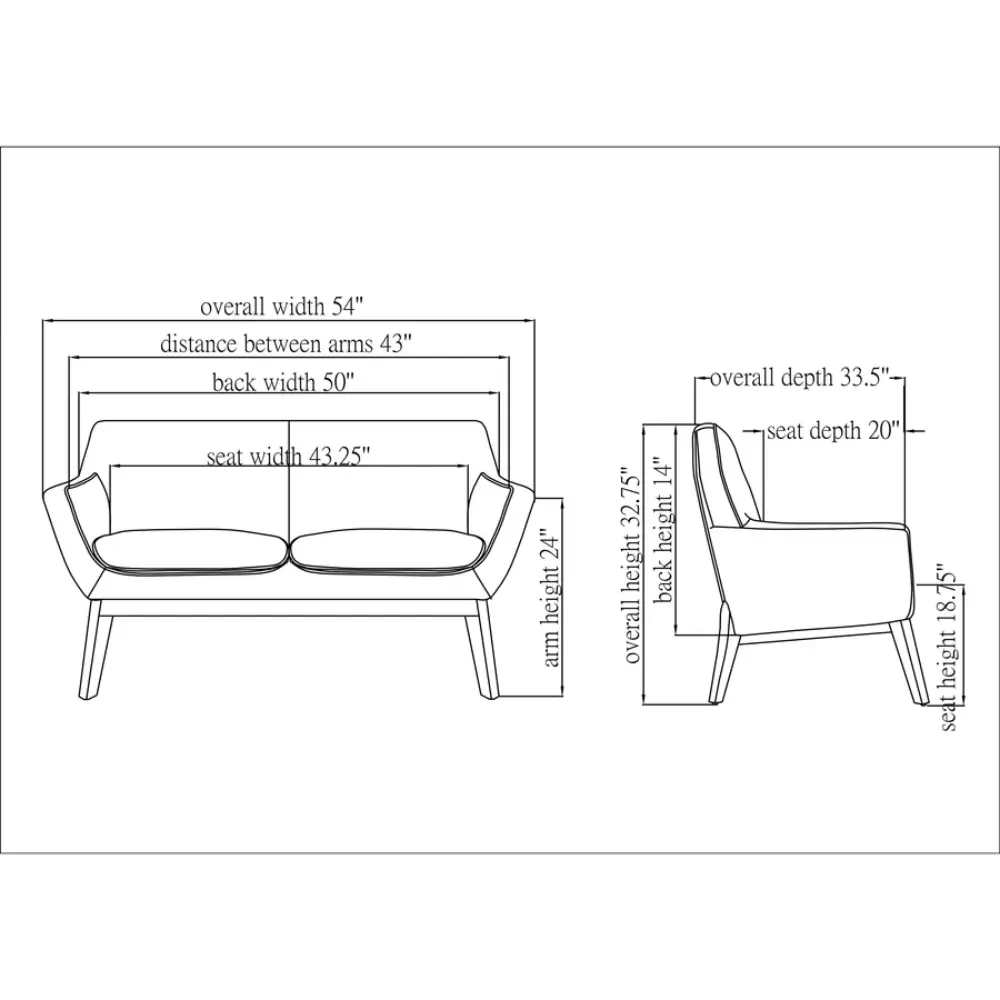 A dark gray two-seater sofa with wooden legs, front view.