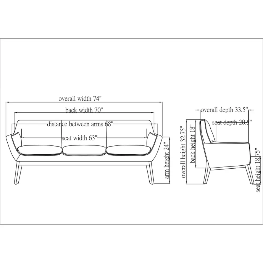 Dark blue fabric sofa with wooden legs, three-seat cushions