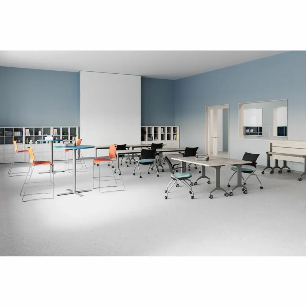 Wall-mounted monitor arm and base with wood panel behind, white metal stand with wheels
