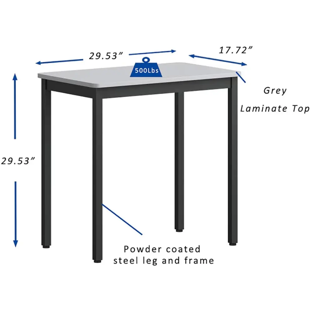 A simple table with grey top and dark legs, front-facing view