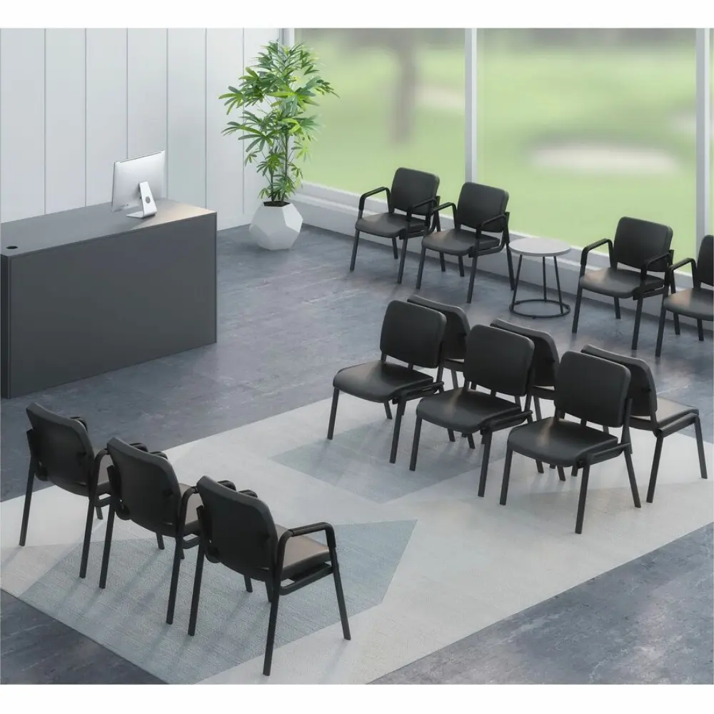 Front view of a black upholstered office chair with armrests and a metal frame.