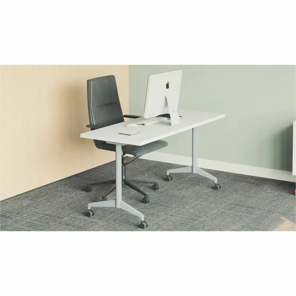 Bottom view of a desk with a metal leg and dual wheel casters.