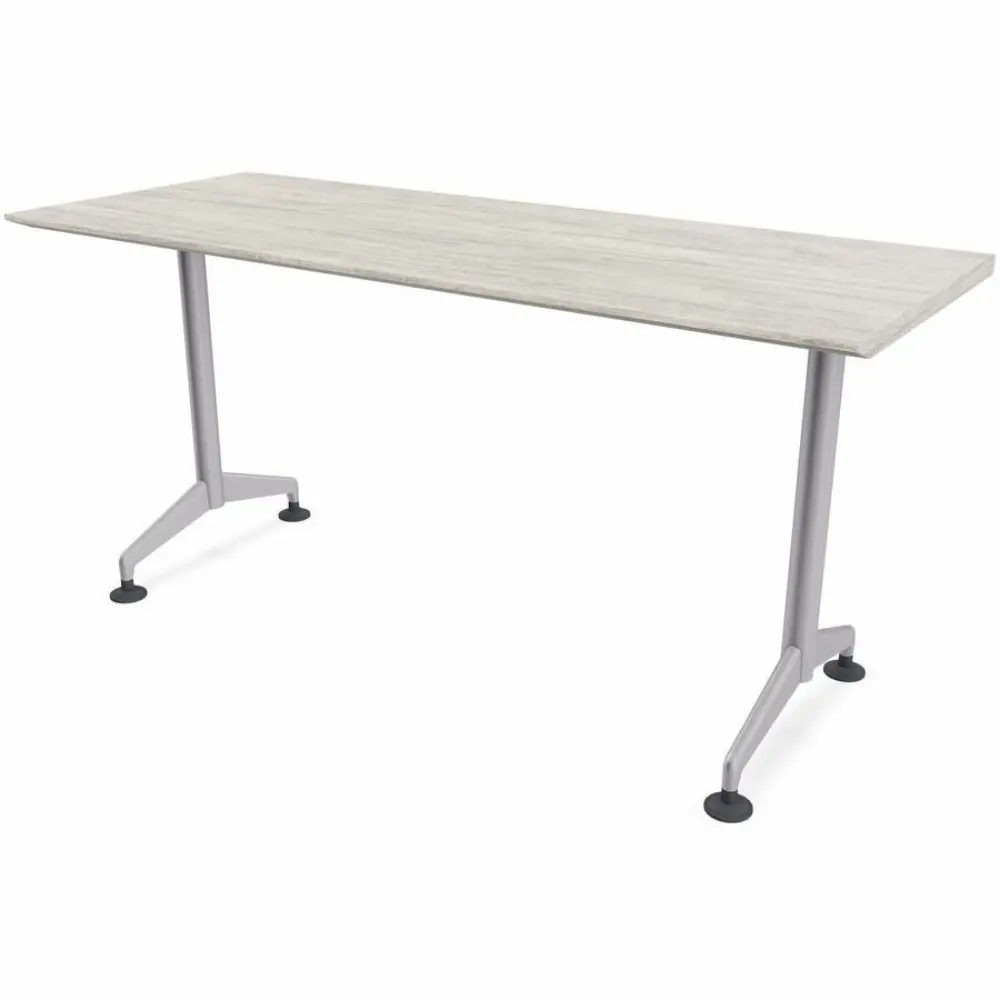 Back view of a standing height desk or table with a brown partition panel attached and metal legs on caster wheels