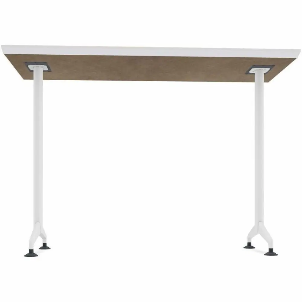 White small-height pedestal table with single central pedestal and 4-legged base.