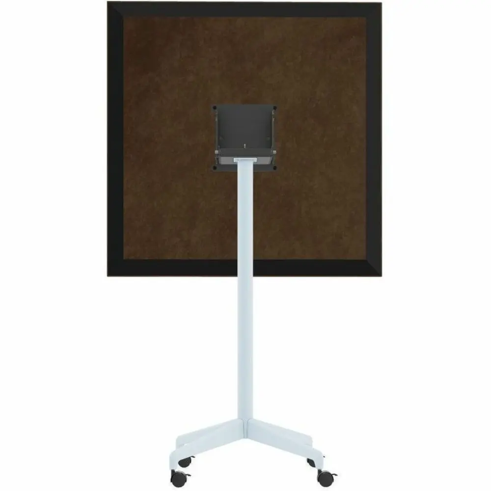 A mobile folding panel with a wood veneer square top attached to a white stand on wheels