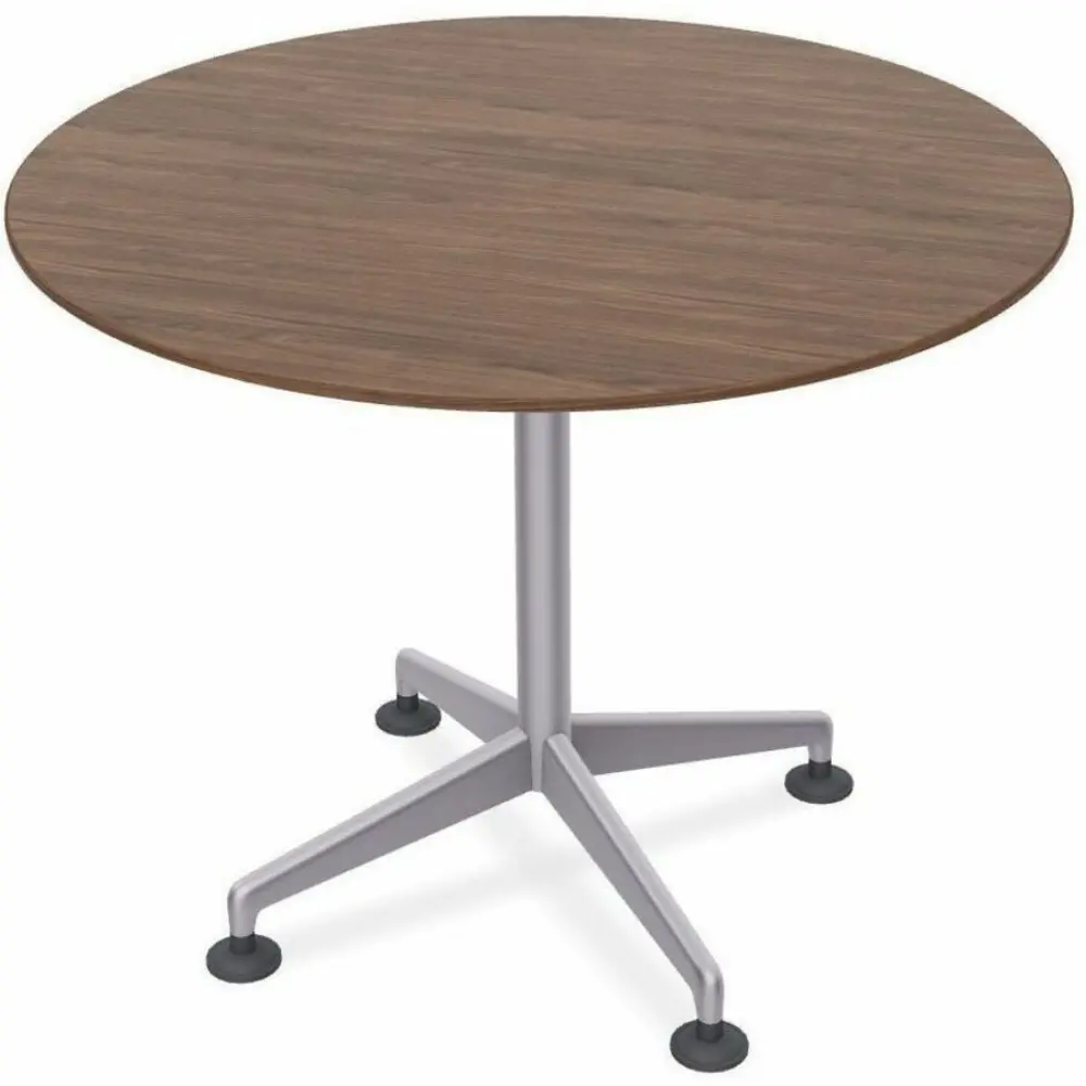 Round table attachment showing underside and mounting bracket on a vertical metal stand.
