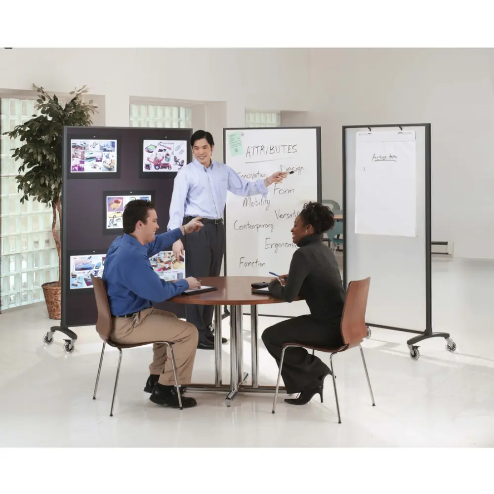 Large black mobile whiteboard on wheels standing alone.