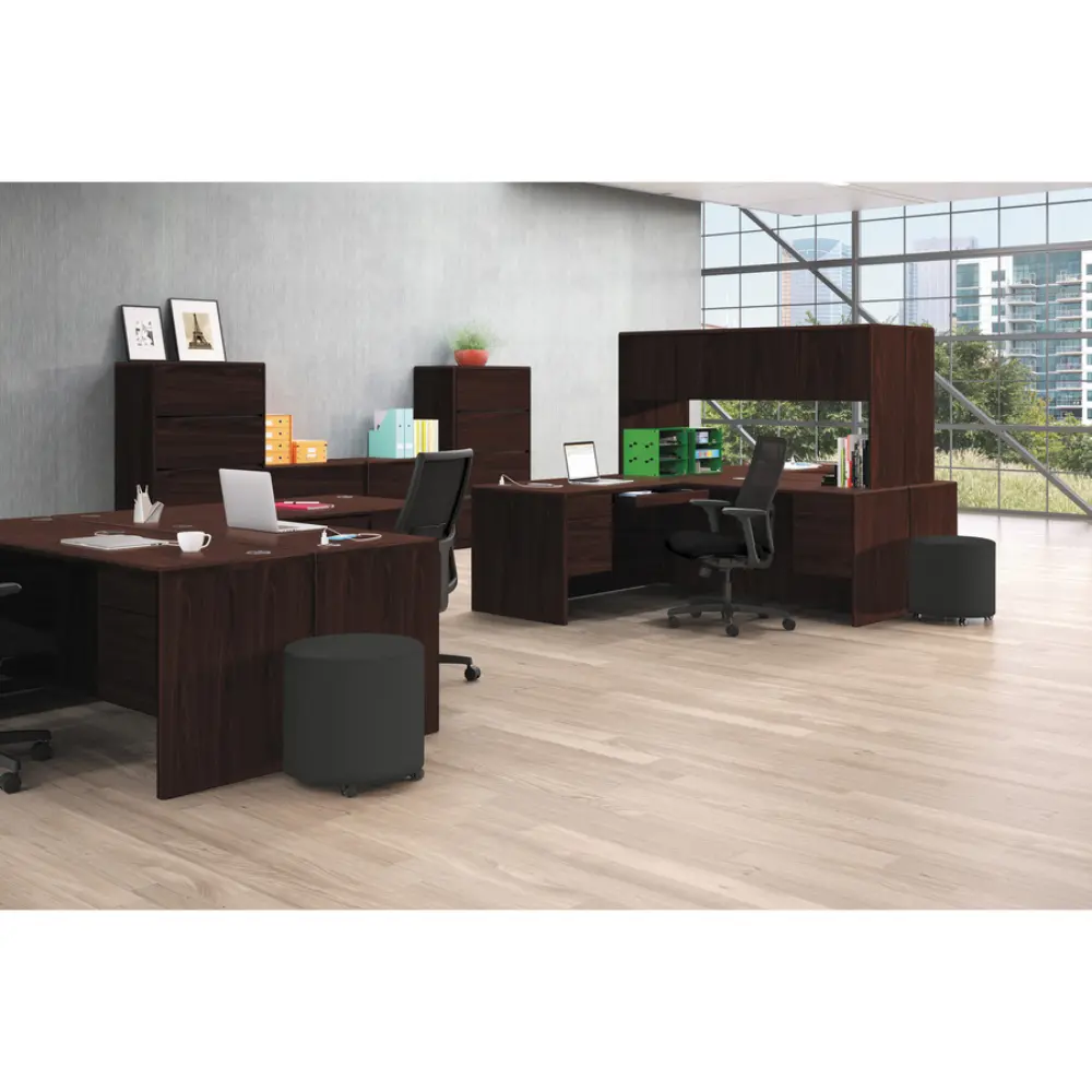 Close-up wood grain pattern in dark brown finish