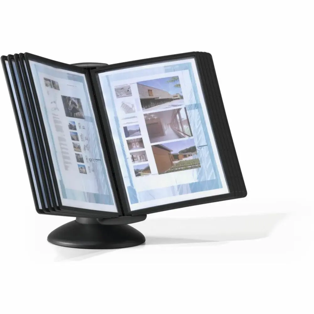 A swivel desk display with multiple pages showing schedules