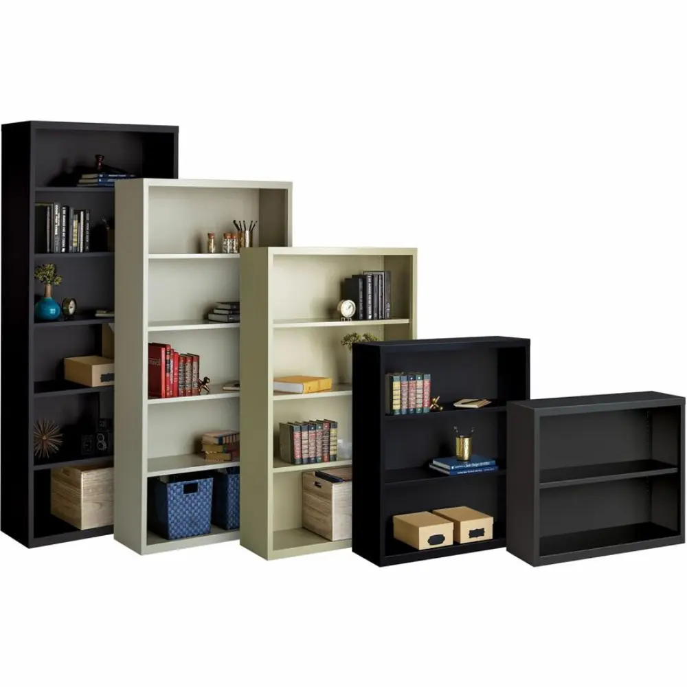 Beige bookshelf with several shelves holding books, decor, and storage boxes.