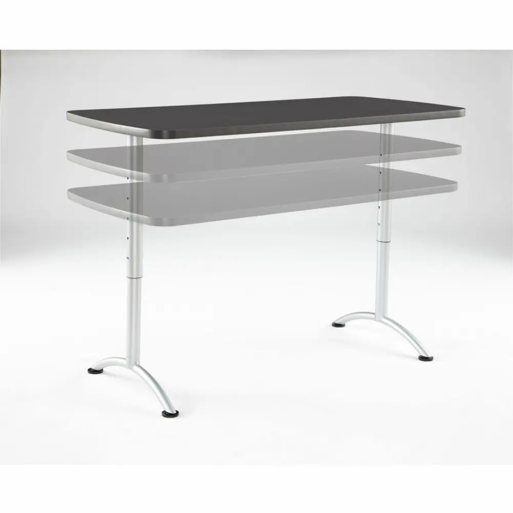 A desk with a dark top and a chair pushed under it, showing three layered shelves as ghosted overlays.