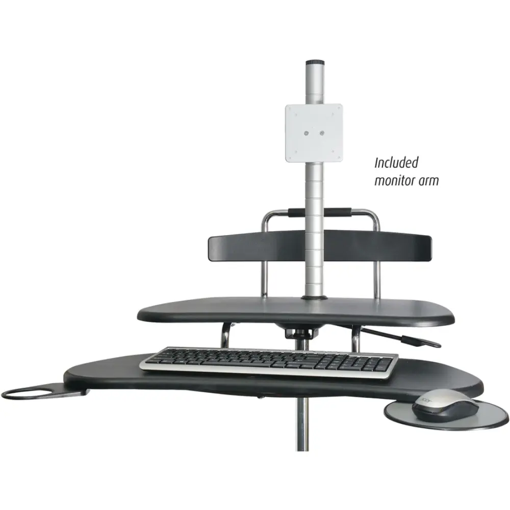 Mobile computer cart with monitor, keyboard, and raised adjustable monitor arm with measurements 44½ inches and 31½ inches indicating height positions.