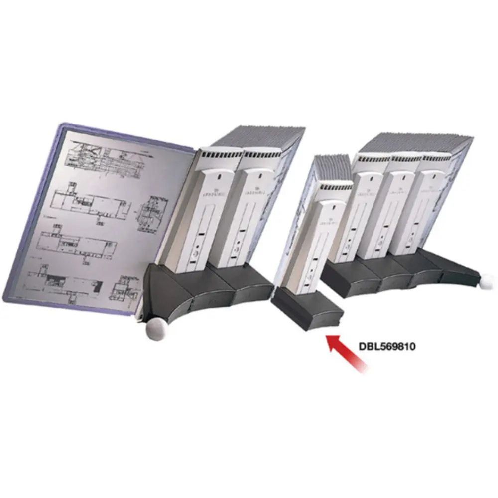 open display with multiple white panels and binder