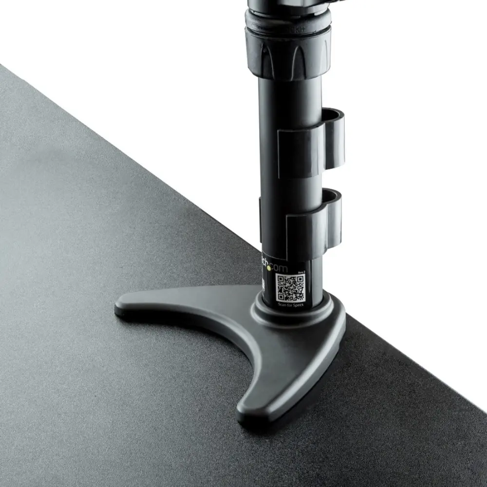 Dual monitor desk mount with full motion arms on a height-adjustable desk stand.