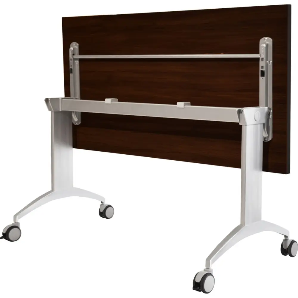 Set of white metal legs with attached wood panels forming a row of folding partition desks on wheels