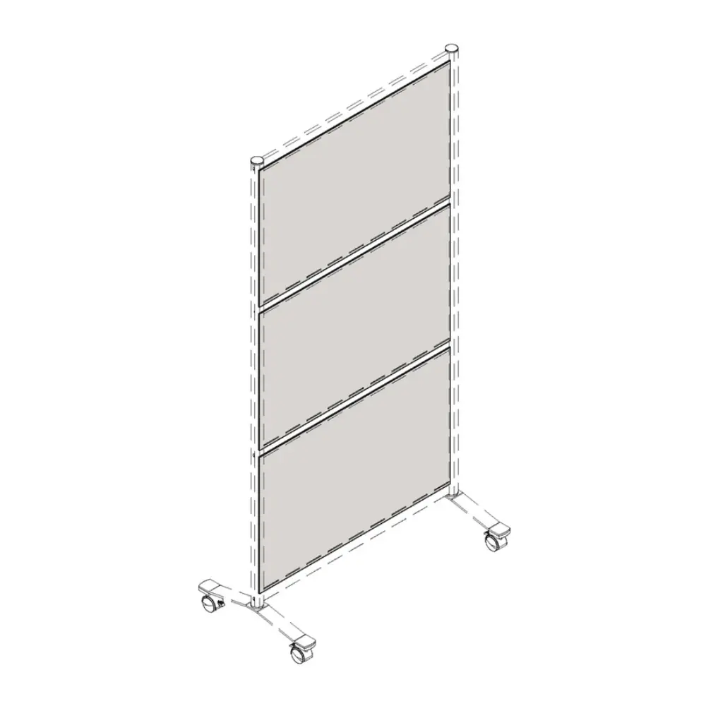 A tall, narrow portable screen with three panels on a wheeled stand.