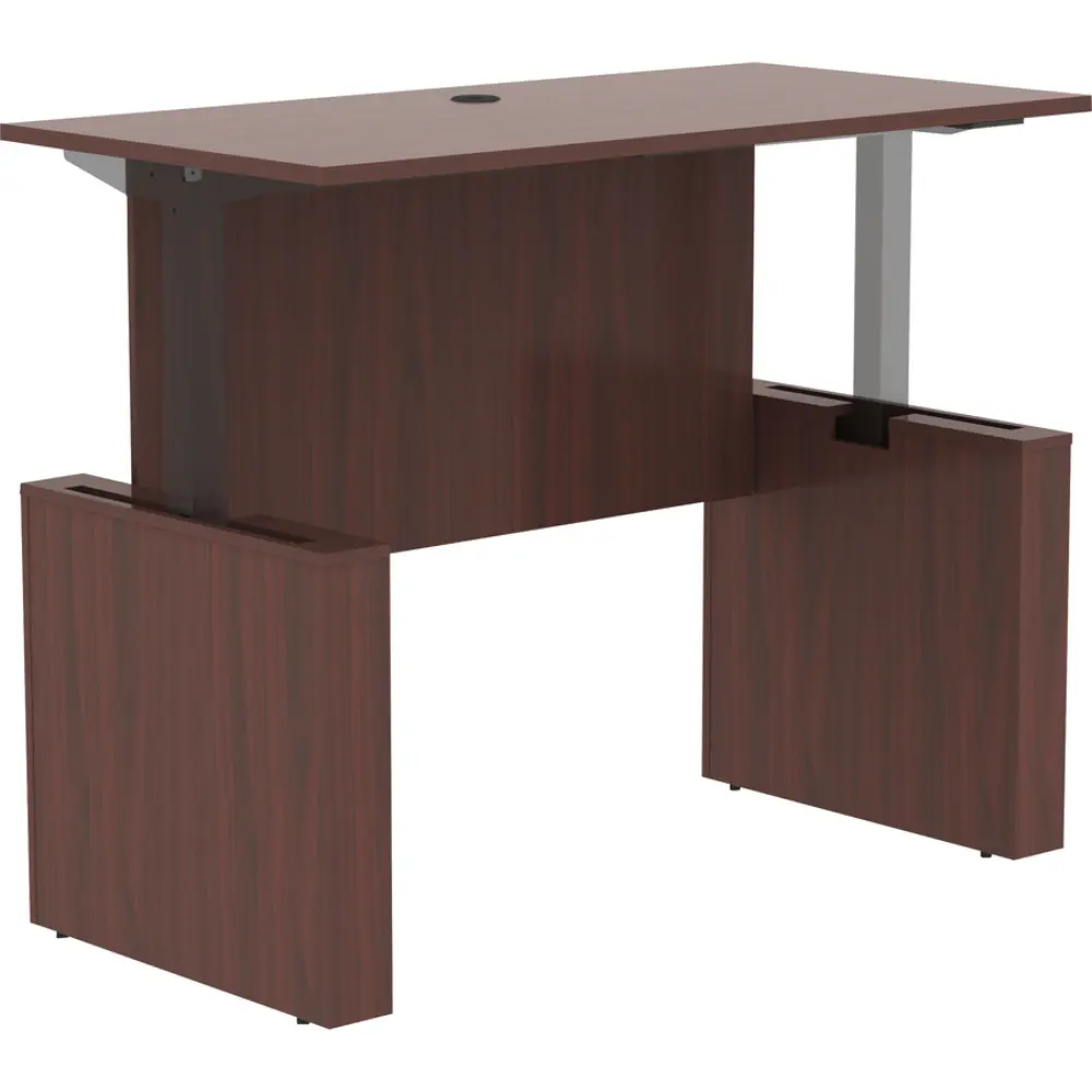 Front view of a wooden desk with cable grommet, simple rectangular panel