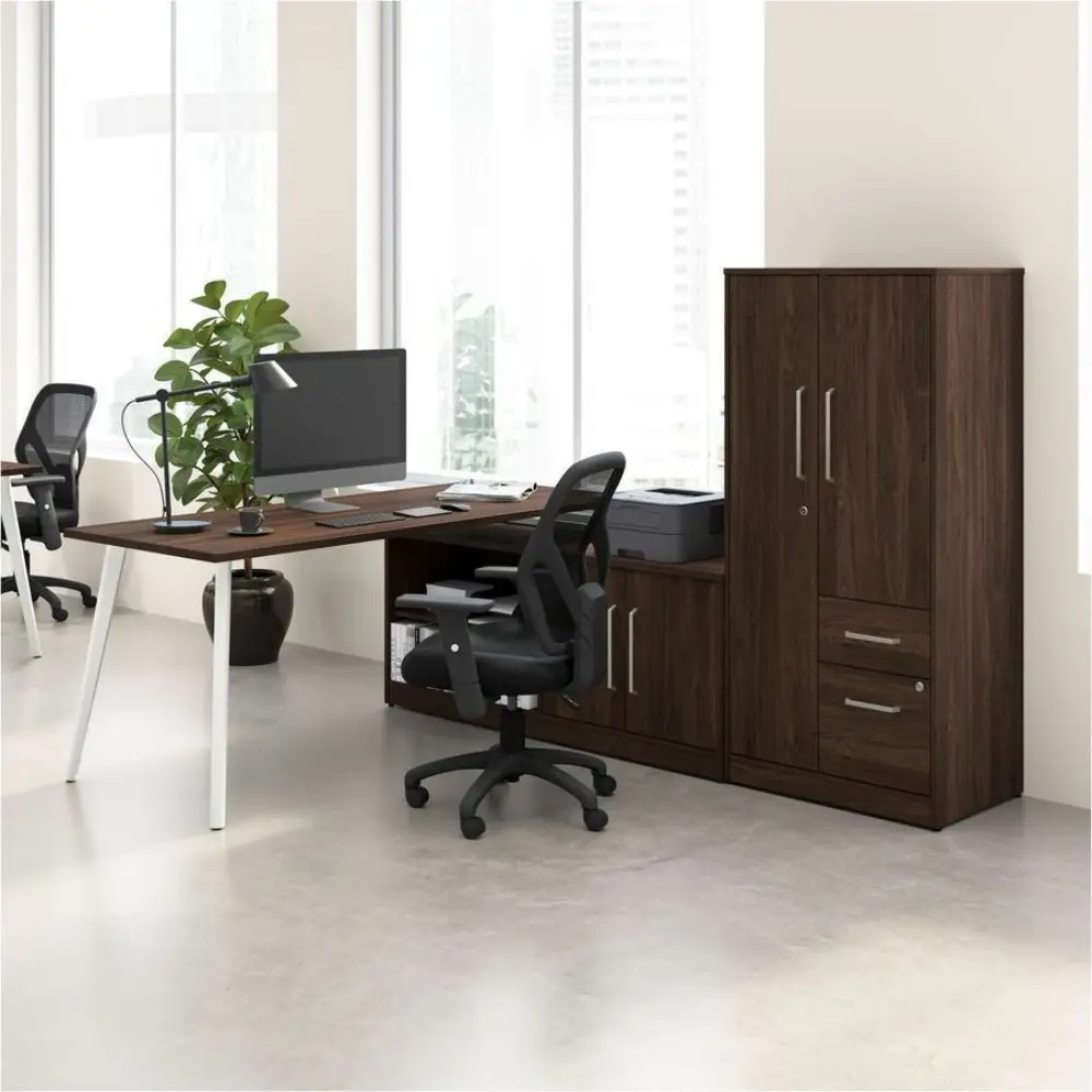 Product lineup showing desk with long top, open shelves, cabinet with doors and built-in grommets and cable management.