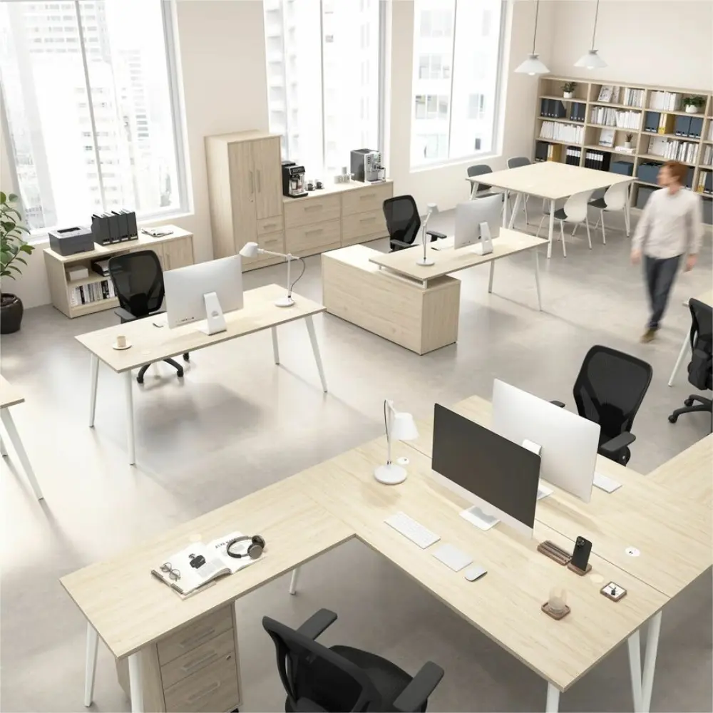 Modular office furniture set with desk, shelves, drawers, and a tall cabinet, all in light wood finish
