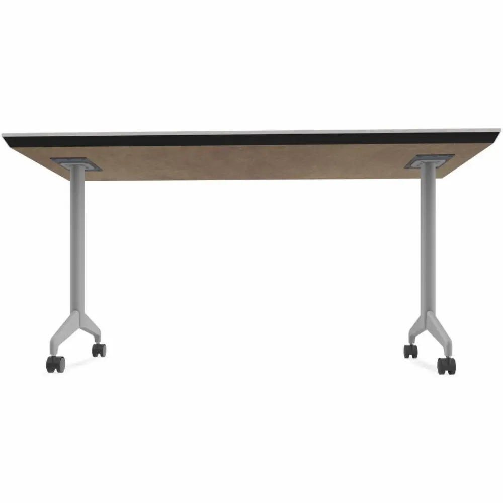 Back view of a desk showing a metal frame and attached footrest.