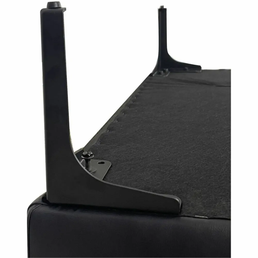 Two-seat sofa frame corner and armrest, showing leg mounting and fabric edge
