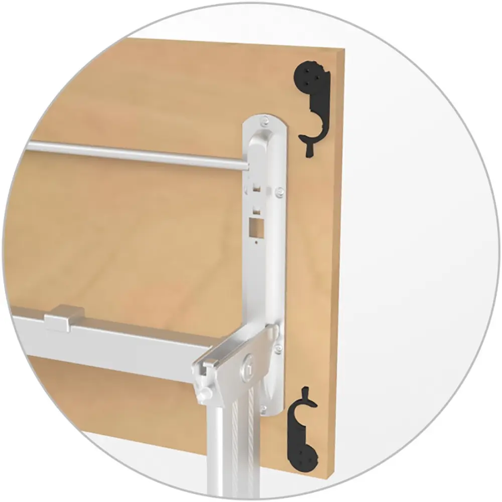 Close-up of a wheeled metal base of a mobile desk or table with gray wheels