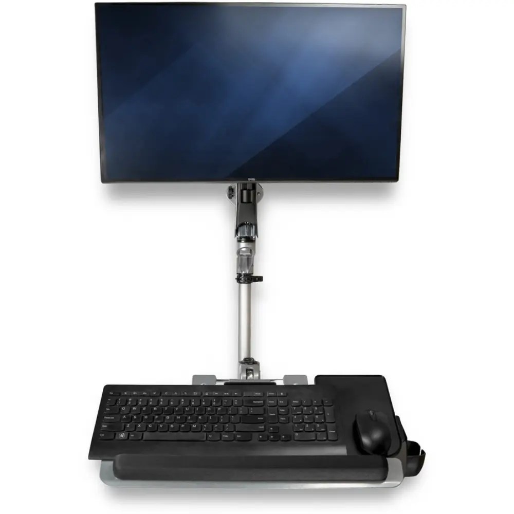 Side view of a monitor arm assembly with a large monitor attached to a dual-articulating arm.