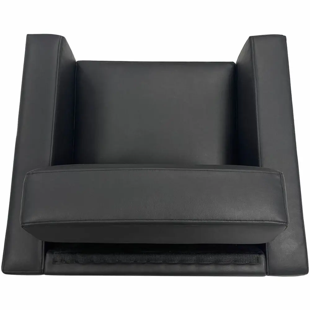 Close-up showing black metal brackets and screws attached to the sofa frame