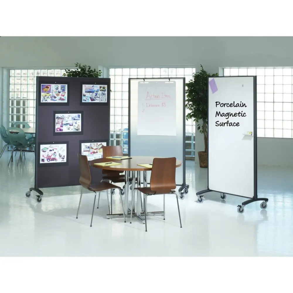 Close-up of black-framed rolling whiteboard with small posters