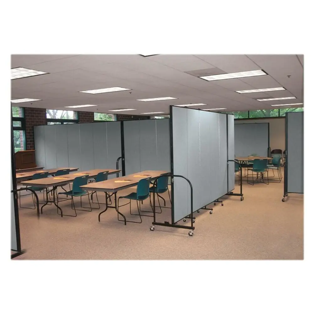 Blue divider screens on wheels in a conference room with tables