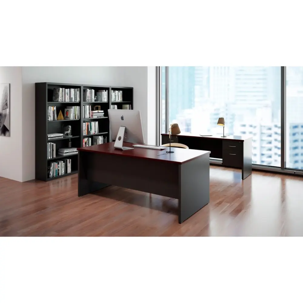Office desk with dark gray cabinet hutch behind, gray and burgundy finish