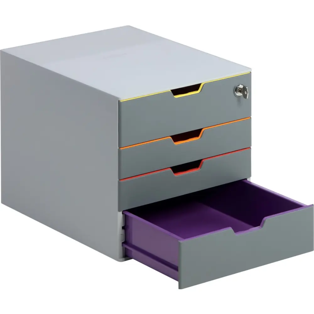Three stacked grey drawers with neon yellow rim on top, orange line in middle, and open purple bottom drawer