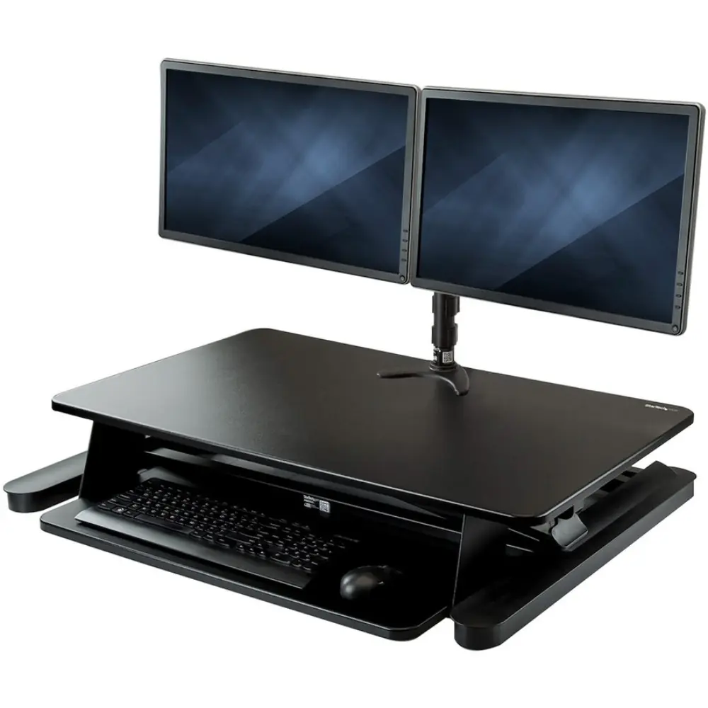 Executive height-adjustable sit-stand desk with monitor arm.
