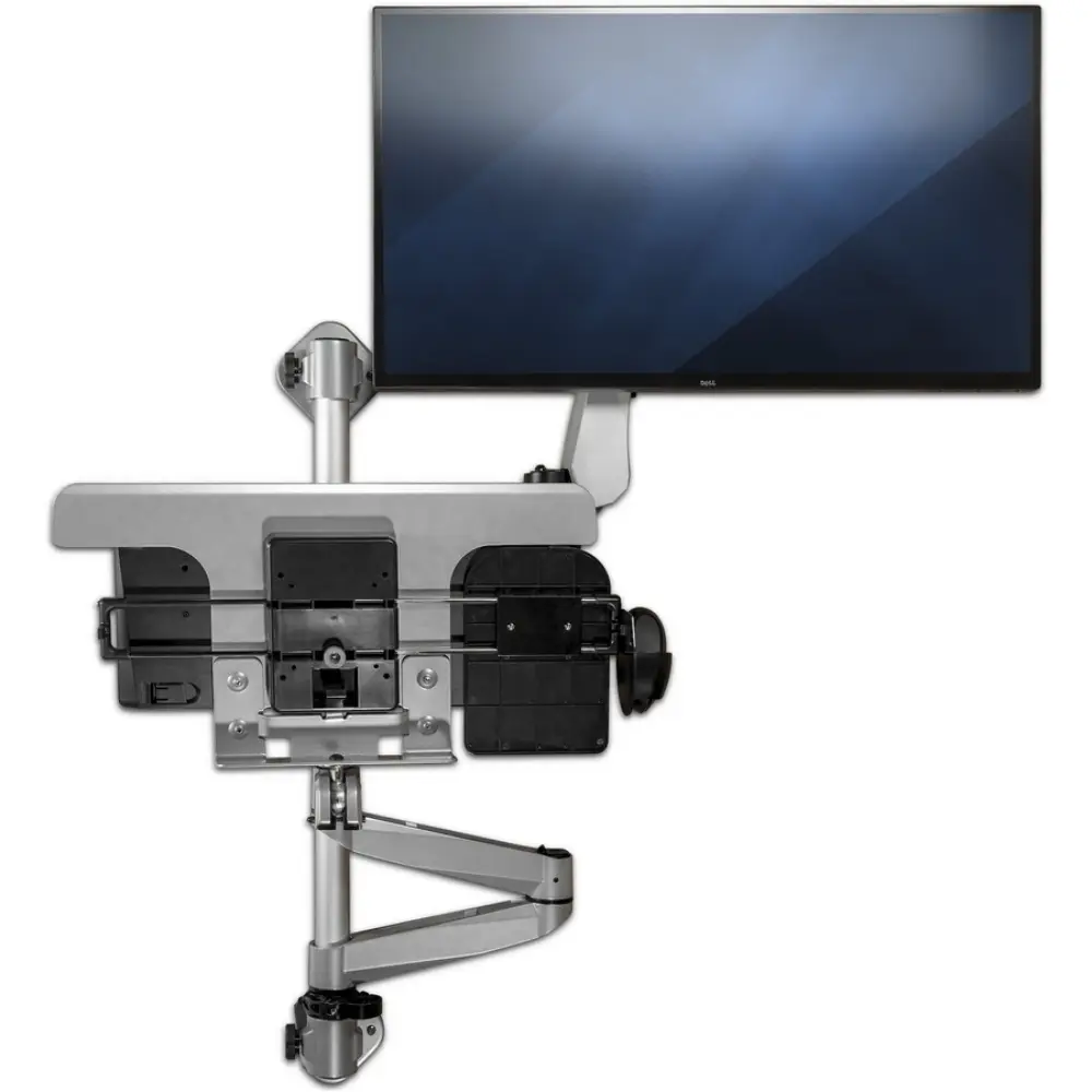 Close side angle of a monitor arm with jointed sections and a mounted monitor, showing connectors and hardware.