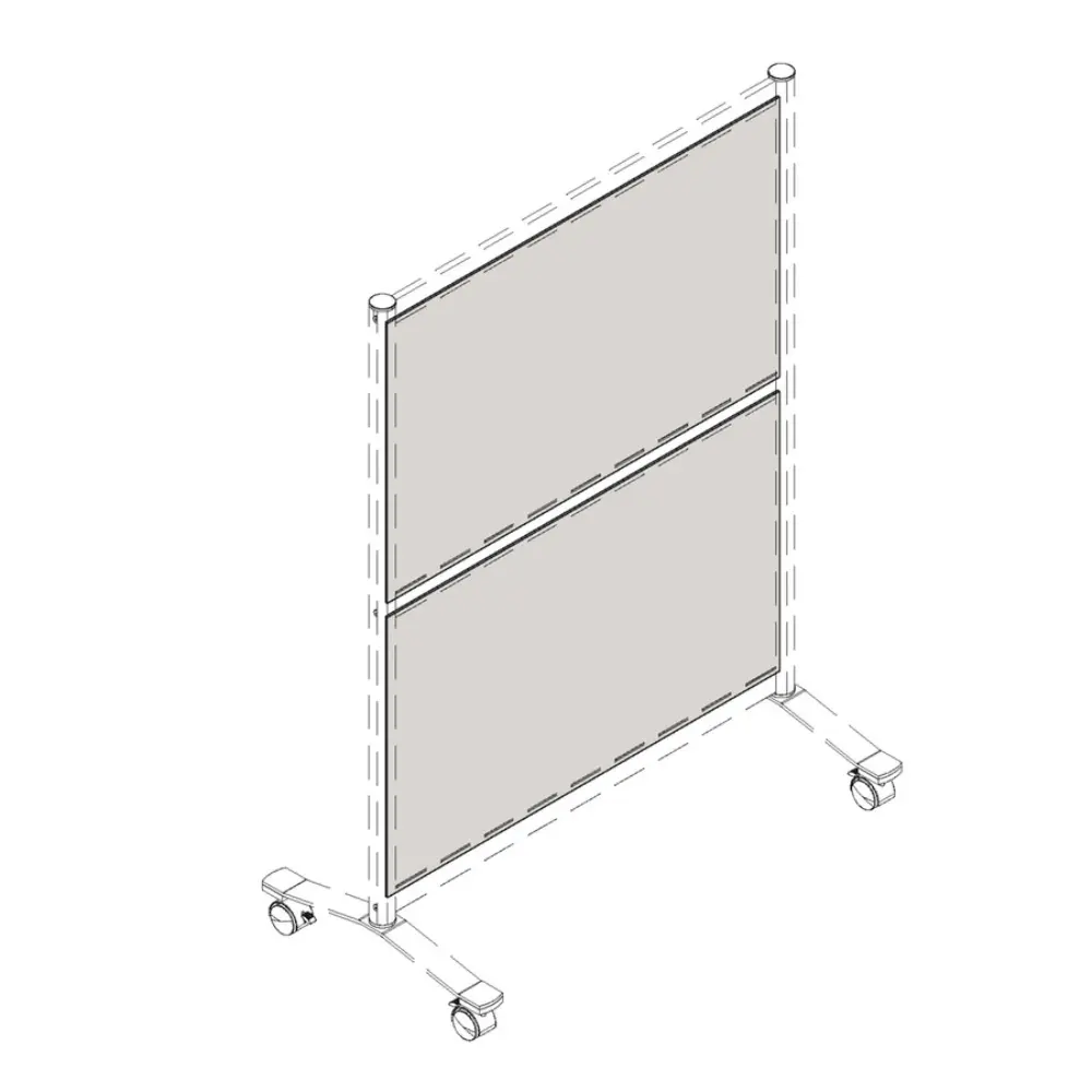 A four-panel room divider on a wheeled frame.