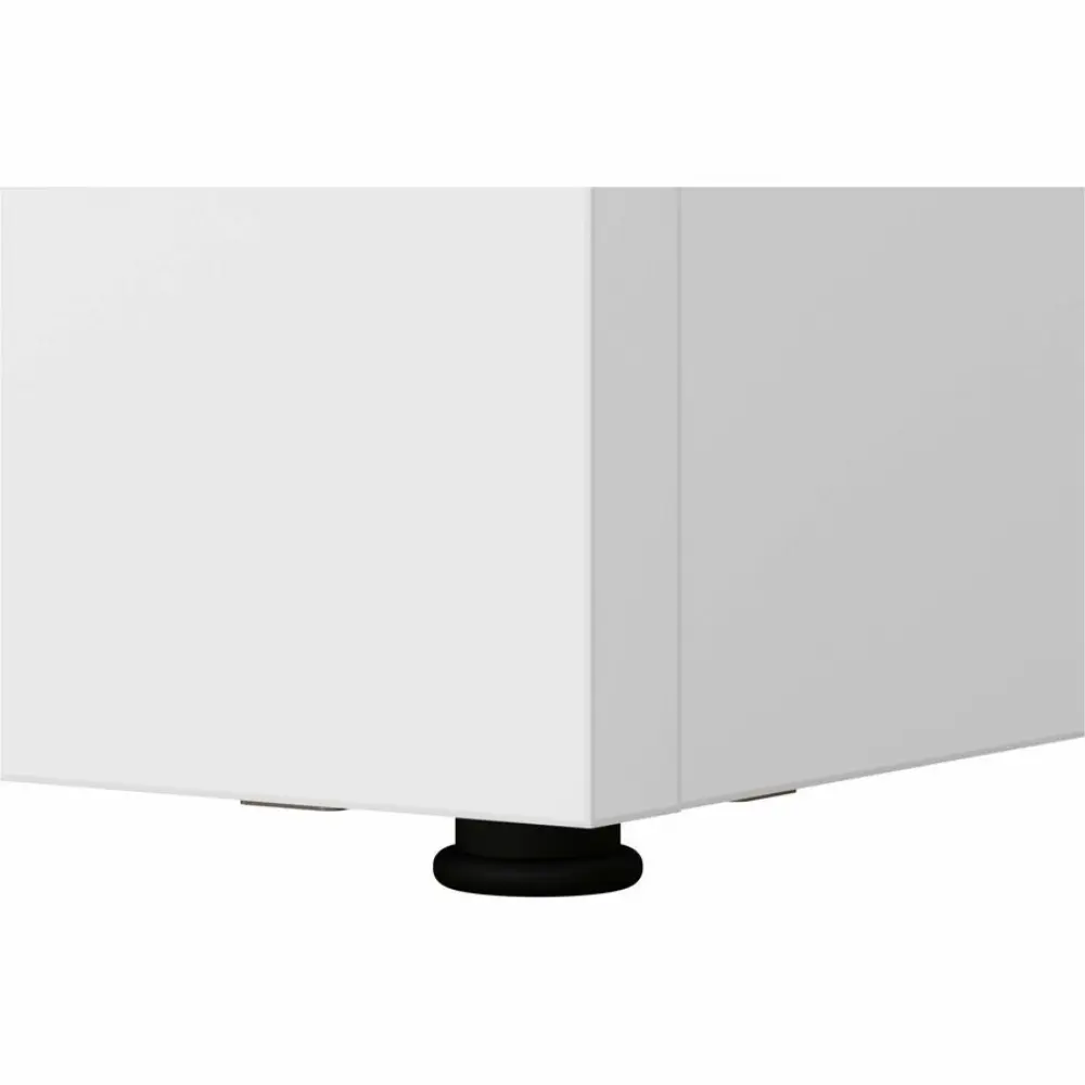 Close-up of a modern metal door handle on white cabinet