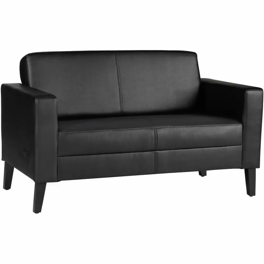 Two-seat black leather sofa from side angle