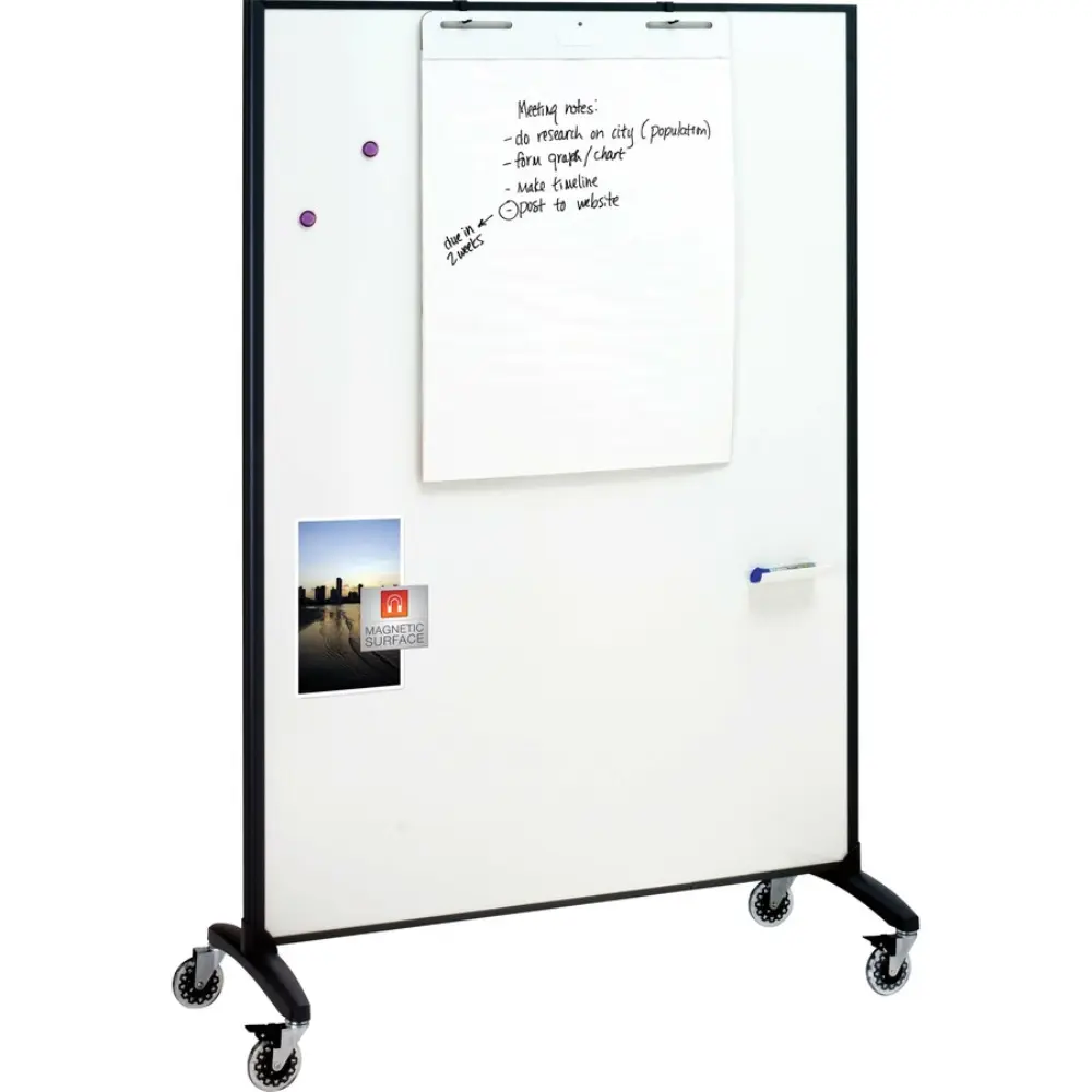 Set of magnetic whiteboards on wheels with round magnets and a round table.