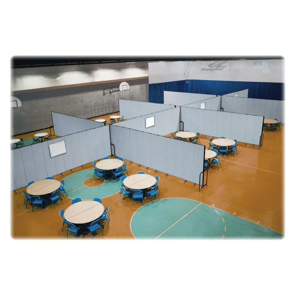 Colored teaching panels and a grey divider in a classroom or activity room