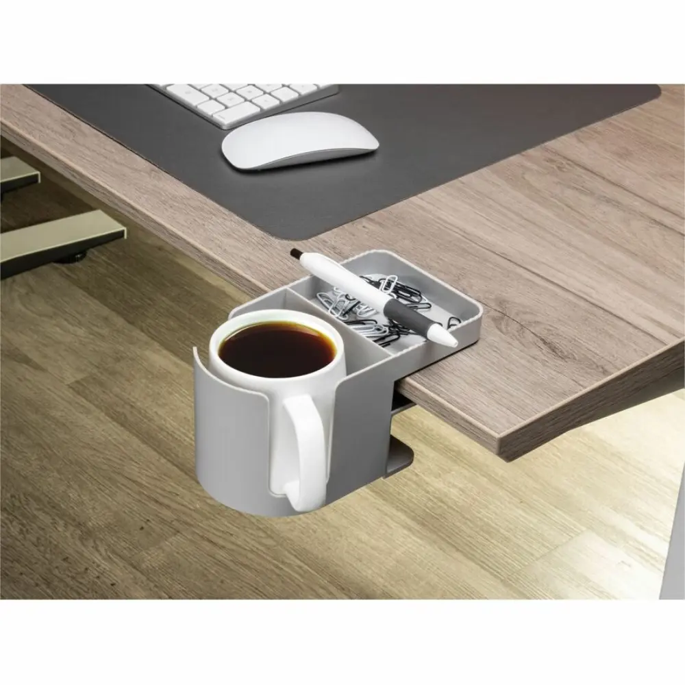 Gray plastic desk cup holder with recessed mug and storage compartment