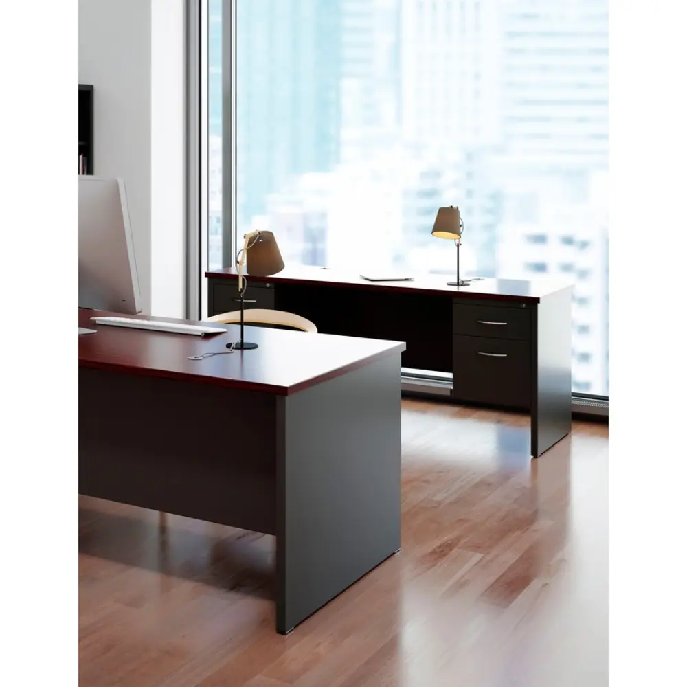 Long gray desk with burgundy top and two sets of drawers on either side