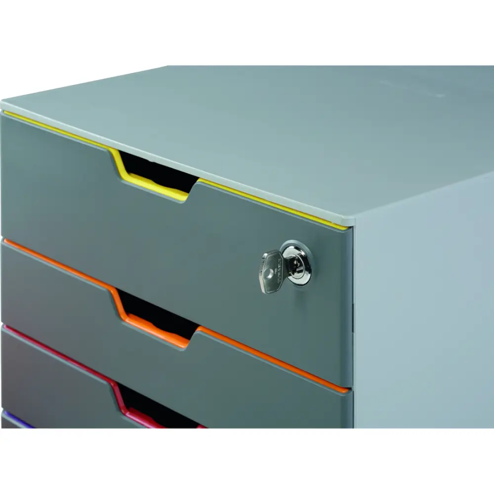 Grey filing cabinet with open bottom drawer exposing purple interior