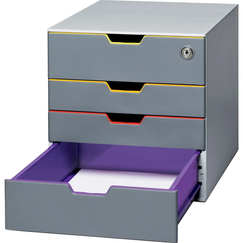 Office desk with computer monitor and multiple grey drawer units in background