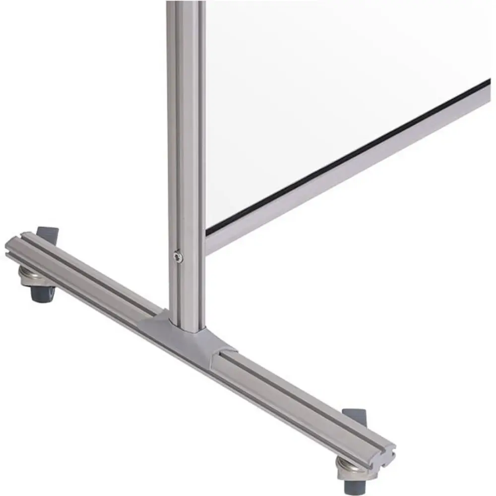Full view of a large whiteboard standing on a metal frame with wheels