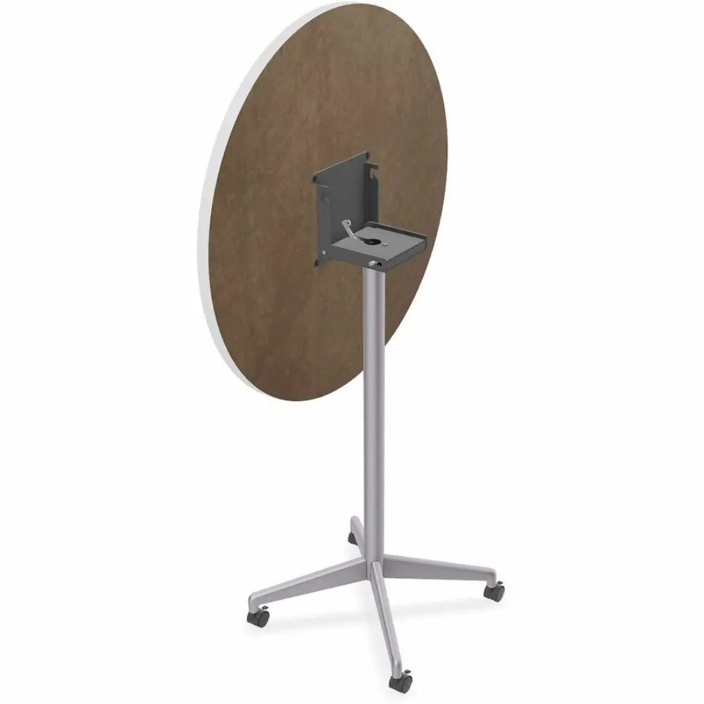Round edge rectangular table with metal legs and crossbar frame.