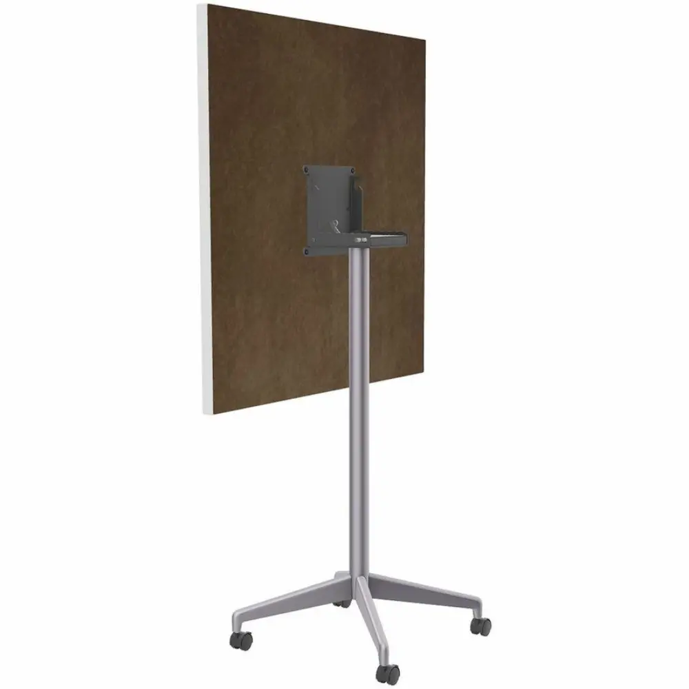 Whiteboard on a tall white stand with wheels, viewed from side