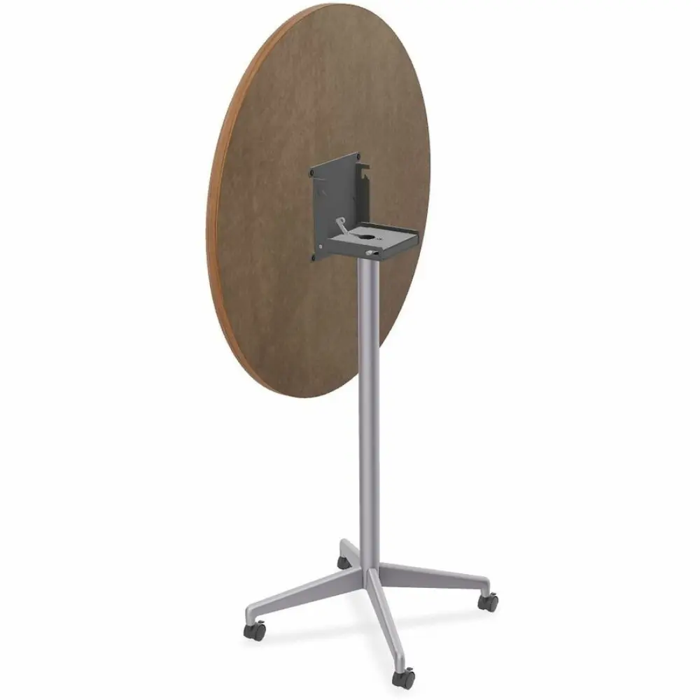 Round wood tabletop on a single metal column supported by a five-star base with wheels.