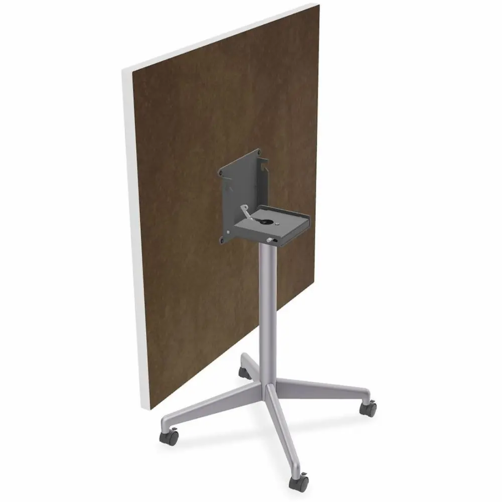 White square table with a metal pedestal base and four caster feet