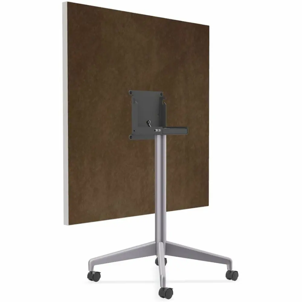 Side view of a square white table on a metal pedestal base with four legs and caster wheels.